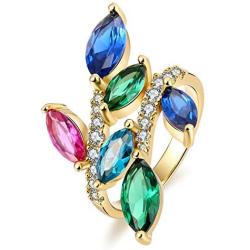 JIANGYUE Multicolor CZ Cubic Zirconia Rings for Women Gold Plated Rainbow Gemstones Wedding Engagement Cocktail Birthstone Jewelry Gifts Size 5 6 7 8 9 10