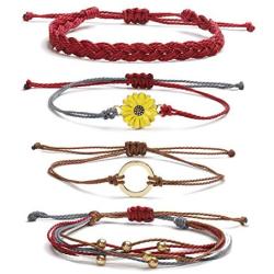 4pcs Vsco Wave Bracelet for Women Sunflower String Bracelet Handmade Braided Rope Charms Boho Surfer Bracelet for Teen Girls Women