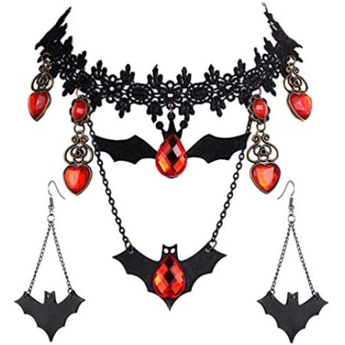 Prettie Choker Necklace for Women Gothic Black Lace Necklace for Halloween Punk Steampunk Costume Party Retro Lolita Victorian Choker Halloween Bat Vampire Pendant