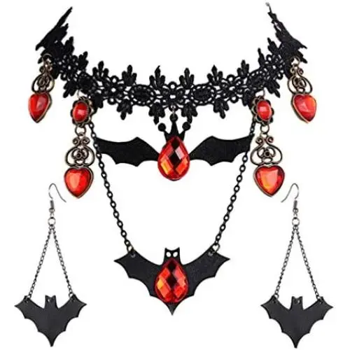 Prettie Choker Necklace for Women Gothic Black Lace Necklace for Halloween Punk Steampunk Costume Party Retro Lolita Victorian Choker Halloween Bat Vampire Pendant