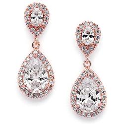 Mariell Dainty 14K Rose Gold Cubic Zirconia Halo Teardrop Pear-Shaped Dangle Earrings - Bridals & Formals