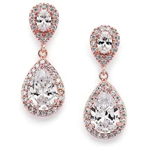 Mariell Dainty 14K Rose Gold Cubic Zirconia Halo Teardrop Pear-Shaped Dangle Earrings - Bridals & Formals