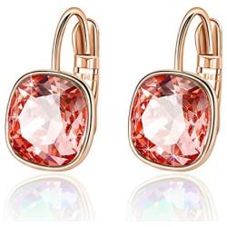 Swarovski Crystal Square Cushion Drop Leverback Earrings for Women 14K Rose Gold Plated Hypoallergenic Jewelry