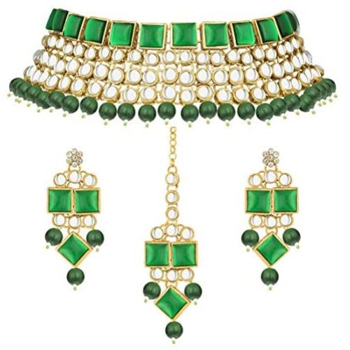 Aheli Faux Kundan Stone Indian Traditional Necklace Earrings Maang Tikka Set Wedding Fashion Party Wear Jewelry for Women