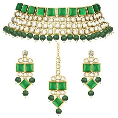 Aheli Faux Kundan Stone Indian Traditional Necklace Earrings Maang Tikka Set Wedding Fashion Party Wear Jewelry for Women