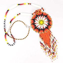 HANDMADE BEADED INDIAN FASHION JEWELRY ORANGE BLACK NATIVE STYLE STAR SEED BEADED MEDALLION NECKLACE EARRINGS SET S51/2