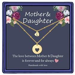 Iefil Mother Daughter Necklace for Mom, 14k Gold Filled Layered Necklace Heart Initial Necklace Gifts for Mom from Daughter Gifts for Mother’s Day Christmas Thanking Giving Day