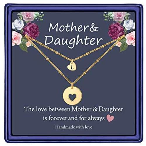 Iefil Mother Daughter Necklace for Mom, 14k Gold Filled Layered Necklace Heart Initial Necklace Gifts for Mom from Daughter Gifts for Mother’s Day Christmas Thanking Giving Day