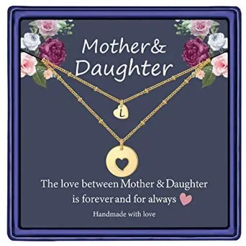 Iefil Mother Daughter Necklace for Mom, 14k Gold Filled Layered Necklace Heart Initial Necklace Gifts for Mom from Daughter Gifts for Mother’s Day Christmas Thanking Giving Day