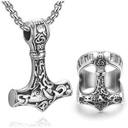 Mjolnir Thors Hammer Necklace Size 9-13 Norse Viking Celtic Knot Ring Set for Men Vintage Retro Ancient Symbol 24 inches Stainless Steel Chain Punk Rock Goth Pendant Necklaces Finger Rings Old Style Amulet