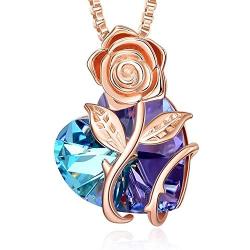 AOBOCO Sterling Silver Heart Rose Flower Necklace Embellished with Crystals from Austria, Fine Anniversary Birthday Rose Flower Jewelry Gifts for Women