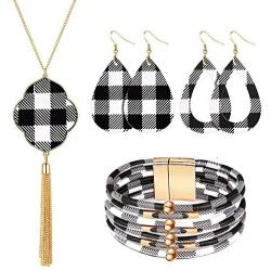 XGALBLA 4 Pieces Christmas Plaid Print Jewelry Set, Christmas Plaid Multi-Layer Bracelet, Faux Leather Drop Dangle Earrings Pendant Necklace Tassel Necklace for Women
