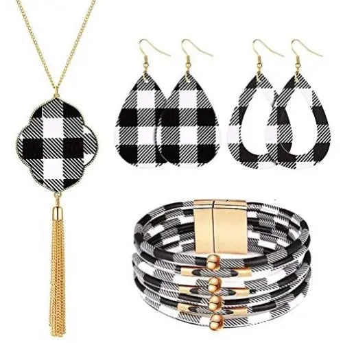 XGALBLA 4 Pieces Christmas Plaid Print Jewelry Set, Christmas Plaid Multi-Layer Bracelet, Faux Leather Drop Dangle Earrings Pendant Necklace Tassel Necklace for Women XGALBLA 4 Pieces Christmas Plaid Print Jewelry Set, Christmas Plaid Multi-Layer Bracelet, Faux Leather Drop Dangle Earrings Pendant Necklace Tassel Necklace for Women