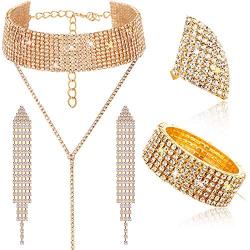 Hicarer Women Crystal Jewelry Set Rhinestone Tassel Choker Necklace Long Tassel Earrings Rhinestone Stretch Bracelet Ring