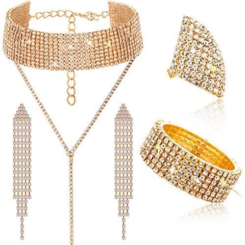 Hicarer Women Crystal Jewelry Set Rhinestone Tassel Choker Necklace Long Tassel Earrings Rhinestone Stretch Bracelet Ring