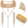 Hicarer Women Crystal Jewelry Set Rhinestone Tassel Choker Necklace Long Tassel Earrings Rhinestone Stretch Bracelet Ring
