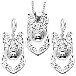 German Shepherd Dog Sterling Silver Necklace Dangle Earrings Set by Ginger Lyne Ears Down Puppy Dog Pet Pendant Box Chain Doggie Animal Paw Print Heart Jewelry for Pit Mom Women Girls Teens