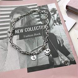 YERTTER 2 Tier Heavy Gothic Grunge Smile Pendant Necklace Statement Short Chain Punk Multilayer Steel Material Choker Necklace for Women