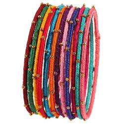 Touchstone New Silk Thread Bangle Collection Indian Bollywood Handcrafted Faux Silk Thread Exotic Look with Golden Beads Designer Bangle Bracelets Set of 12 for Women.