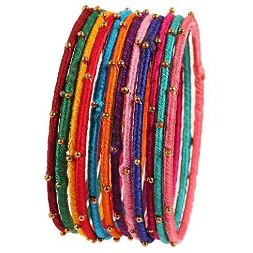 Touchstone New Silk Thread Bangle Collection Indian Bollywood Handcrafted Faux Silk Thread Exotic Look with Golden Beads Designer Bangle Bracelets Set of 12 for Women.