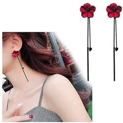 Trendy Red Green Poppy Flower Black Long Line Bar Tassel Earrings for Women Charm Drop Dangle Earring Jewelry (Red)
