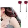 Trendy Red Green Poppy Flower Black Long Line Bar Tassel Earrings for Women Charm Drop Dangle Earring Jewelry (Red)