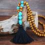 MJartoria Tassel Long Necklaces for Women Chain Necklace Handmade Turquoise Wood Beaded Necklace for Women Fashion Jewelry
