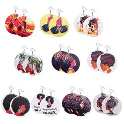 Farram 10 Pairs Round African Eardrop Earrings Multicolor Female Painted Natural Wooden Ethnic Style Hook Dangle for Women Girl Pendant