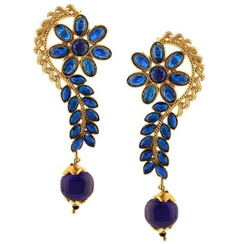 Efulgenz Indian Bollywood 14K Gold Plated Crystal Kundan Pearl Floral Leaf Dangle Drop Earrings Jewelry Set