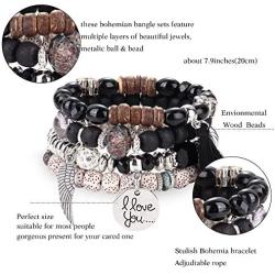 FIBO STEEL 8 Pcs Bohemian Stackable Wood Beads Bracelets for Women Boho Multilayer Stretch Bracelet Set Statement Tassel Bangles
