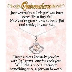 Sterling Silver Necklace for Quinceanera Gift, Girls Sweet 15 Present with 15 Sparkling CZs