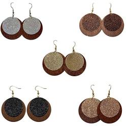 5 Pairs Faux Leather Glitter Sequins Drop Earrings Lightweight Circle Wood Dangle Earrings for Women Vintage Jewelry