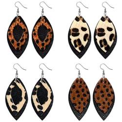 Leather Earrings Lightweight Faux Leather Leaf Earrings Teardrop Dangle Handmade Floral Leopard Print for Women Girls