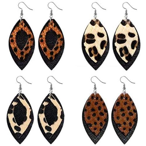Leather Earrings Lightweight Faux Leather Leaf Earrings Teardrop Dangle Handmade Floral Leopard Print for Women Girls