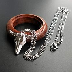 Davitu Mens Bull Skull Head Stainless Steel Chain and Alloy Pendant Casting for Men Necklace Jewelry - (Metal Color: Imitation Rhodium Plated)