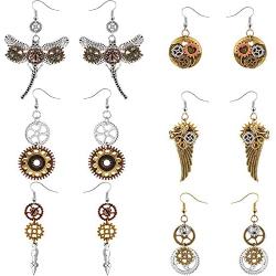 6 Pieces Steampunk Earrings Vintage Clockwork Earrings Clock Gear Earrings Antique Mix-tone Drop Earrings, 6 Styles