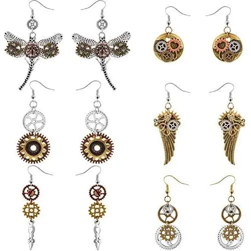 6 Pieces Steampunk Earrings Vintage Clockwork Earrings Clock Gear Earrings Antique Mix-tone Drop Earrings, 6 Styles