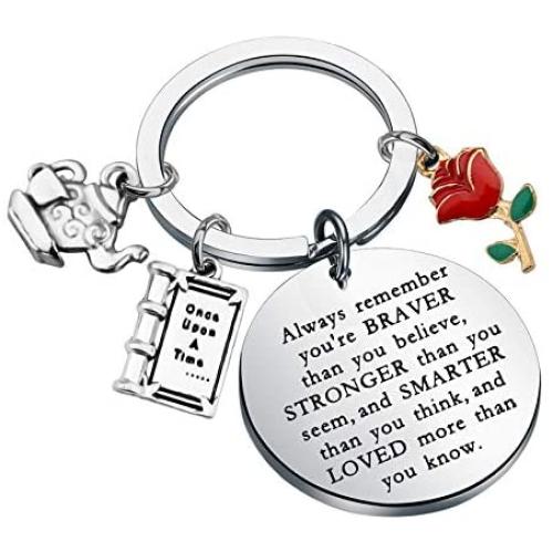 KUIYAI Beauty and The Beast Keychain Fairytale Jewelry Belle Rose Charm Keychain Inspirational Gifts Always Remember You’re Braver Than You Believe Keychain