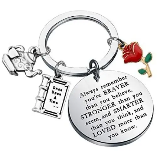KUIYAI Beauty and The Beast Keychain Fairytale Jewelry Belle Rose Charm Keychain Inspirational Gifts Always Remember You’re Braver Than You Believe Keychain KUIYAI Beauty and The Beast Keychain Fairytale Jewelry Belle Rose Charm Keychain Inspirational Gifts Always Remember You’re Braver Than You Believe Keychain