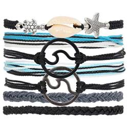 Sllrrka Bohemian Wave Shell Bracelet Set for Women Wax Coated Braided Rope Beach Jewelry
