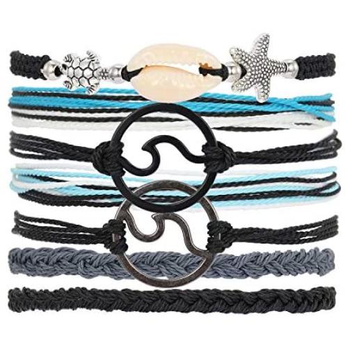 Sllrrka Bohemian Wave Shell Bracelet Set for Women Wax Coated Braided Rope Beach Jewelry