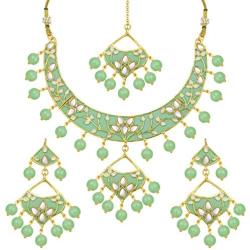 Aheli Ethnic Traditional Wedding Festive Wear Faux Kundan Floral Enamel Necklace with Maang Tikka Set Indian Bollywood Fashion Jewelry for Women Girls