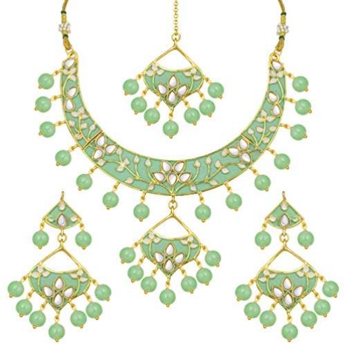 Aheli Ethnic Traditional Wedding Festive Wear Faux Kundan Floral Enamel Necklace with Maang Tikka Set Indian Bollywood Fashion Jewelry for Women Girls