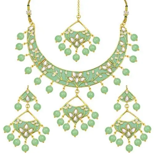 Aheli Ethnic Traditional Wedding Festive Wear Faux Kundan Floral Enamel Necklace with Maang Tikka Set Indian Bollywood Fashion Jewelry for Women Girls