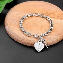 M MOOHAM Heart Initial Bracelets for Women Gifts - Engraved 26 Letters Initial Charms Bracelet Stainless Steel Bracelet Birthday Christmas Jewelry Gift for Women Teen Girls