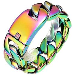 ROWIN&CO Super Large 32mm Mens Bracelets Rainbow Multicolor Heavy 316L Stainless Steel Huge Punk Wrist Chain & Curb Cuban Chain Bangles Men Jewelry, 9.5 inch