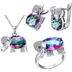 Uloveido Good Luck Big Elephant Shape Crystal Drop Pendant Necklace, Earrings and Rings Wedding Jewelry Set for Bridal Women Birthday Anniversary T485