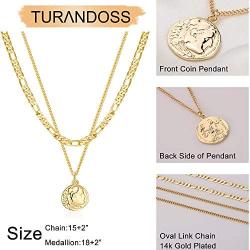 Turandoss Gold Coin Necklaces for Women, 14K Gold Plated Coin Pendant Medallion Necklace Evil Eye Elizabeth Moon and Star Sun Paperclip Chain Medallion Vintage Coin Necklaces for Women Jewelry
