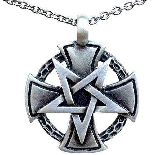 Inverted Pentacle Pentagram Star Cross Knight templar Gothic Masonic Germanic Biker Jewelry Silver Pewter Mens Pendant Necklace Protection Amulet Safe Travel Talisman Warrior Fighter Medallion Chain