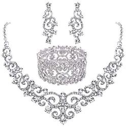 EVER FAITH Crystal Art Deco Bridal Stretch Bracelet Bundle Vintage Bridal Necklace Earrings Set